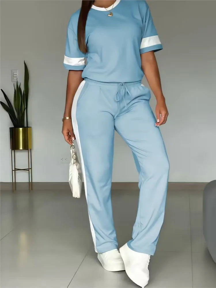 Spring Summer New Casual Sports T-shirt Short-sleeved Suit Women Fashion Splicing Side Stripes Simple Trousers 2 Piece Set 2026