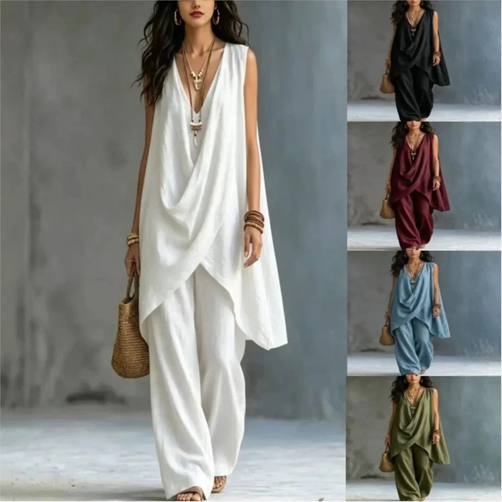 Women's Fashion Cotton Linen Irregular Sleeveless Long Tops 2-piece Set Spring Summer New Casual Wide-leg Trousers Female Suit