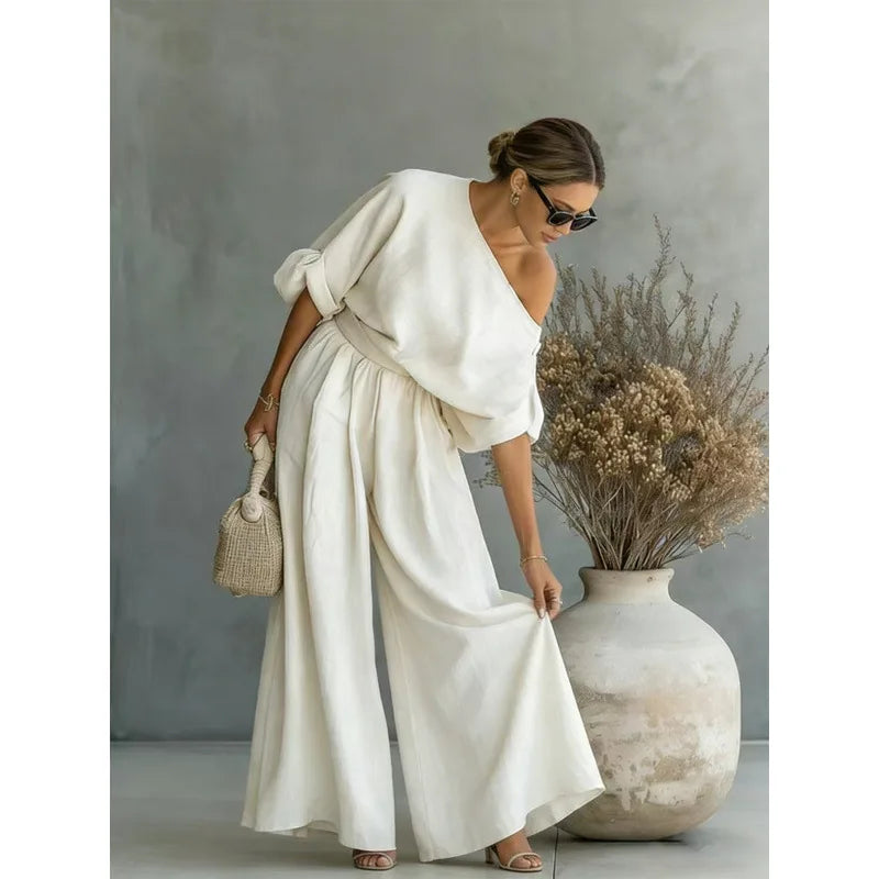 2026 Spring/Summer Korean Casual Pleated Half-Sleeve Shirt Wide-Leg Pants Two-Piece Set For Commuting And Comfortable Leisure
