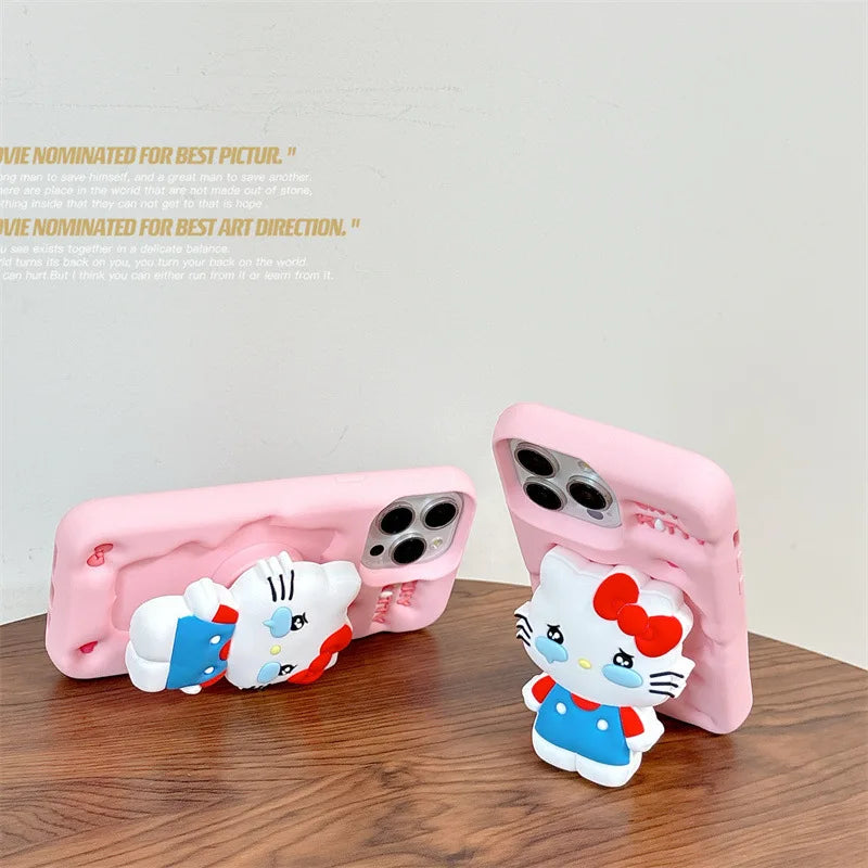 Funda de teléfono de silicona suave con soporte telescópico de dibujos animados 3D de Kawaii Cry Hello Kitty para iPhone