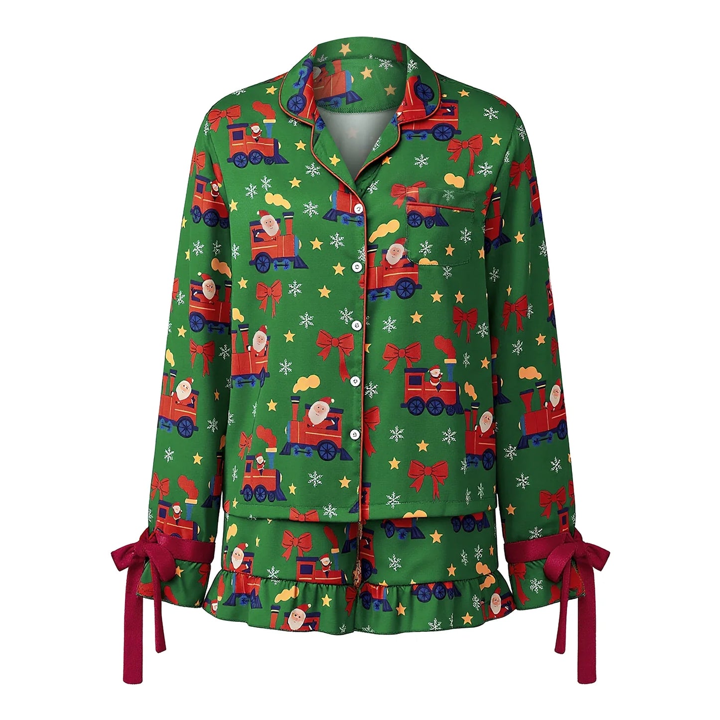 Womens 2025 Christmas Pajamas Sets Print Button Up Long Sleeve Lapel V Neck Tops and Shorts Lounge Wear Satin 2 Pieces Set