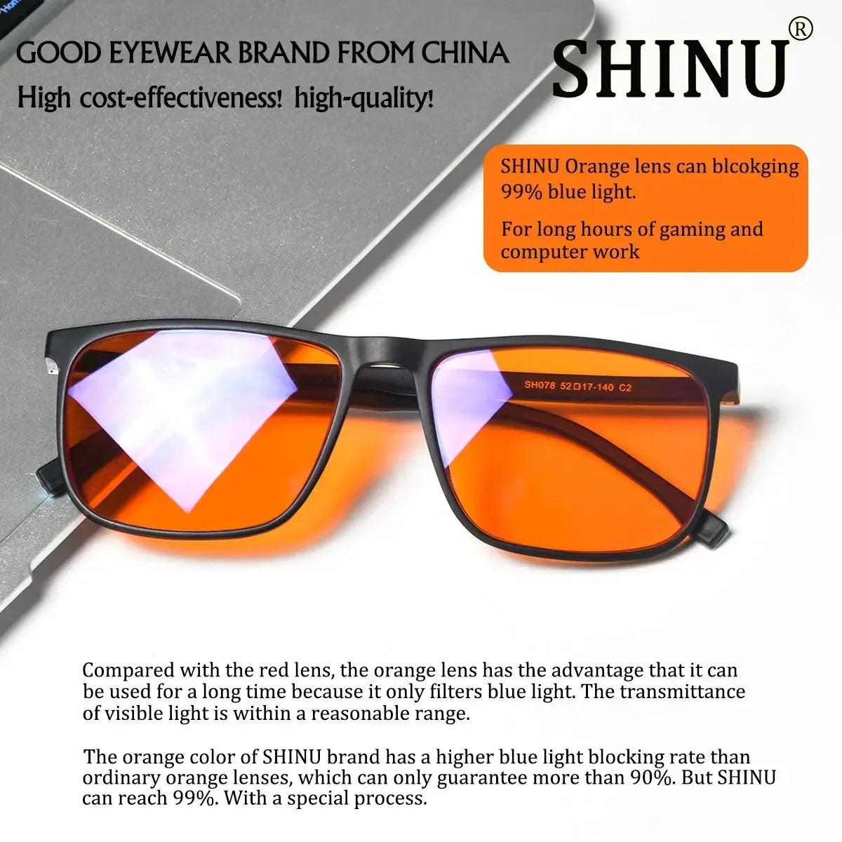 SHINU Good Sleep Blue Light Blocking Glasses Men Red Lenses Anti Green Light Eliminate Eye Strain Glasses Bluelight 078RD