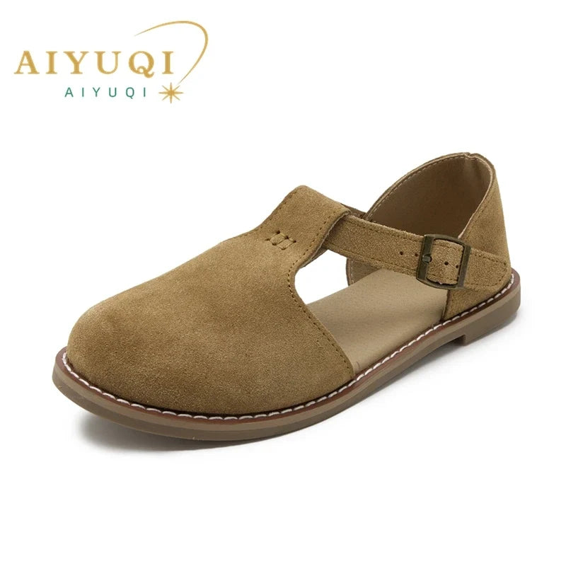 AIYUQI Flat-Soled Retro Frosted Genuine Leather Women's Sandals 2026 New Hollow Women's Shoes Roman Baotou Sandals for Women