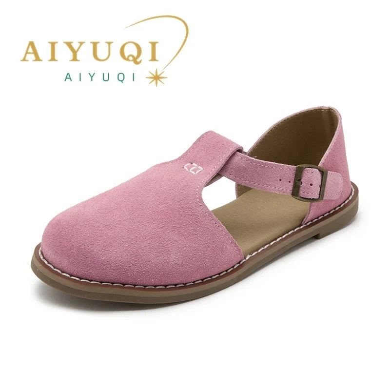 AIYUQI Flat-Soled Retro Frosted Genuine Leather Women's Sandals 2026 New Hollow Women's Shoes Roman Baotou Sandals for Women
