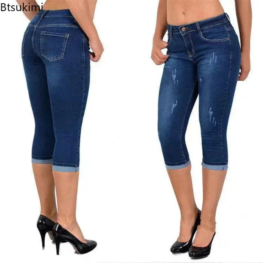 2026 Summer Women's Skinny Denim Pants Mid Waist Stretch Capri Pants Knee Length Trousers Fashion New Ladies Pencil Pants Jeans