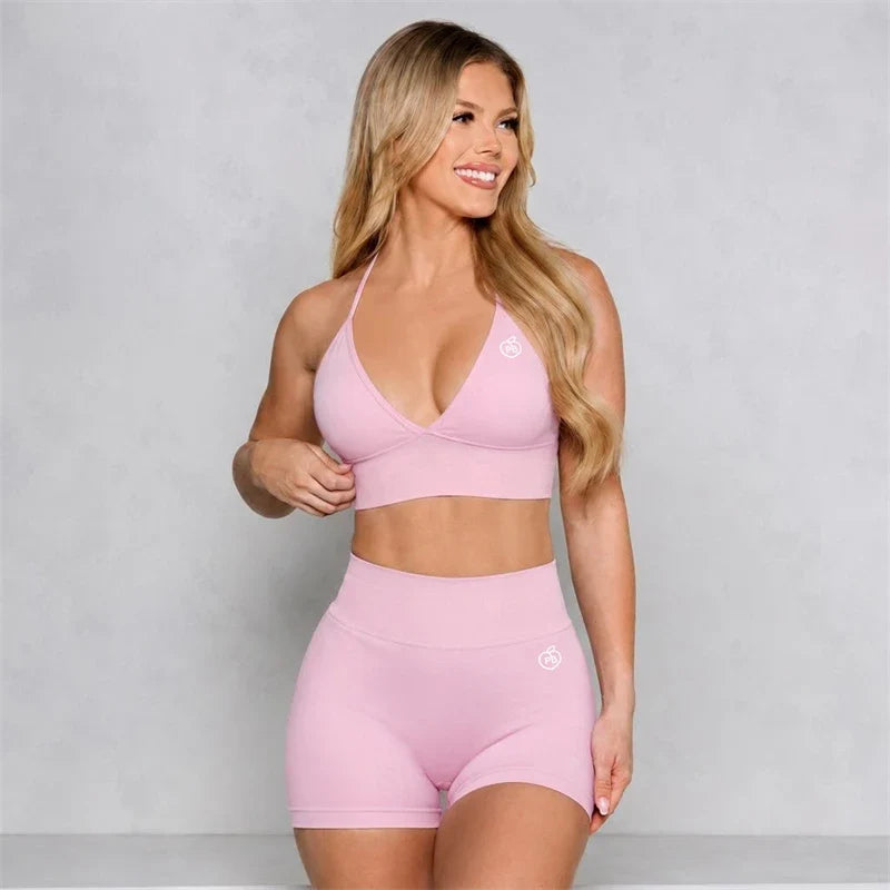 Bum 2PCS Seamless Yoga Set Women Blossom Bra + V-Back Shorts Gym Workout Suits Wear Women Sports Scrunch Butt Set Sportswear