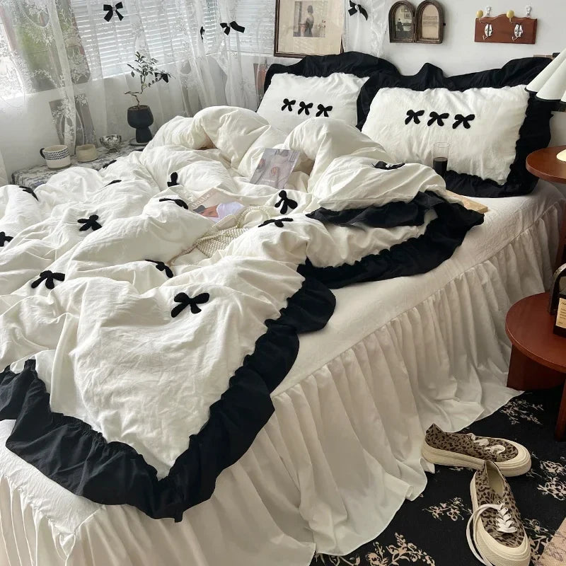 Black Bow Cotton Bedding Set, Princess Style Cute Girl Skin Friendly Soft Duvet Cover, Bed Sheet or Bed Skirt Pillowcase