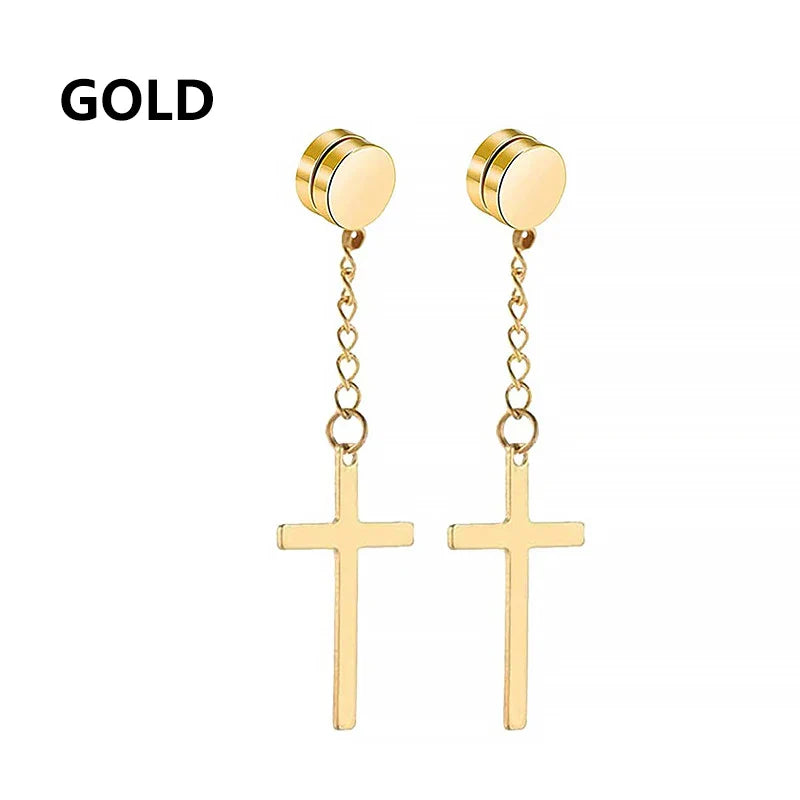 Punk Cross Stars Clip On Earrings | No Piercing Stainless Steel Ear Cuffs for Women Men