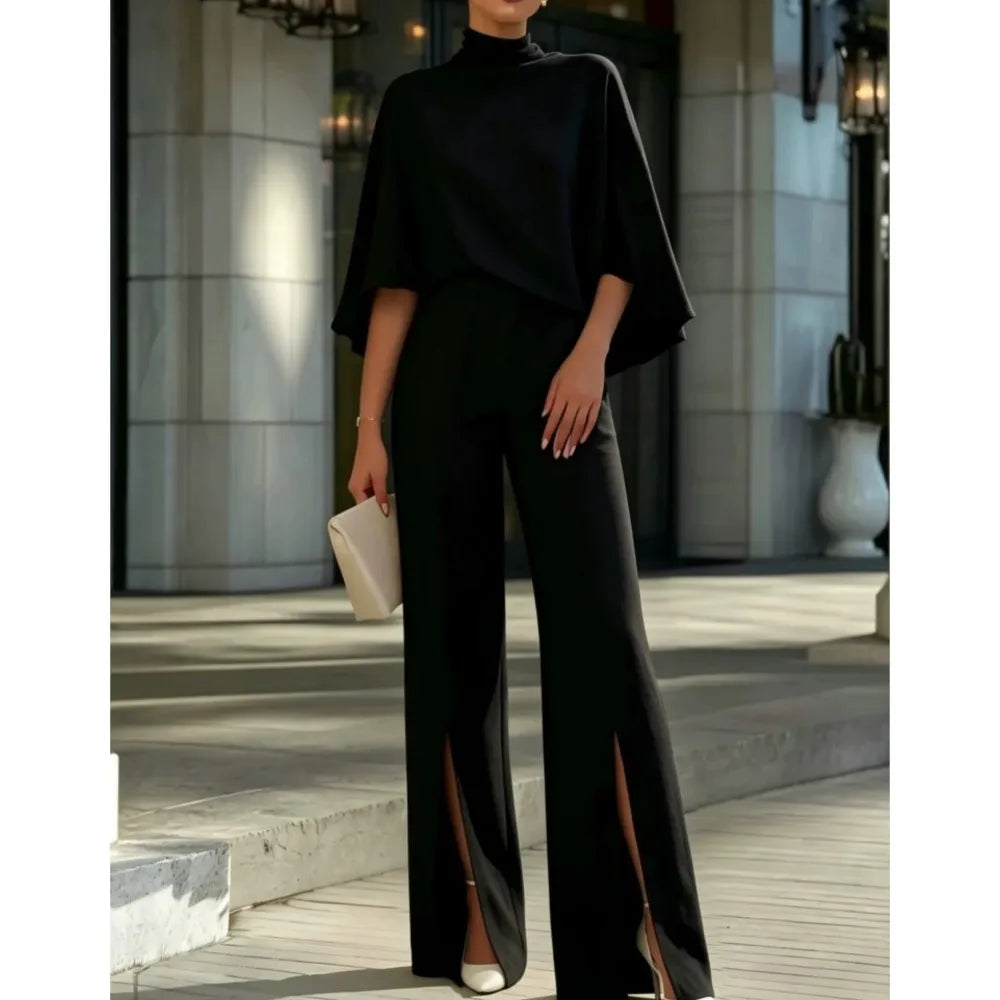 Autumn Women's Half Turtleneck Shawl Top Fashion Slit Wide Leg Trousers 2piece Suit Elegant Slim Fit Female Office Trousers Suit