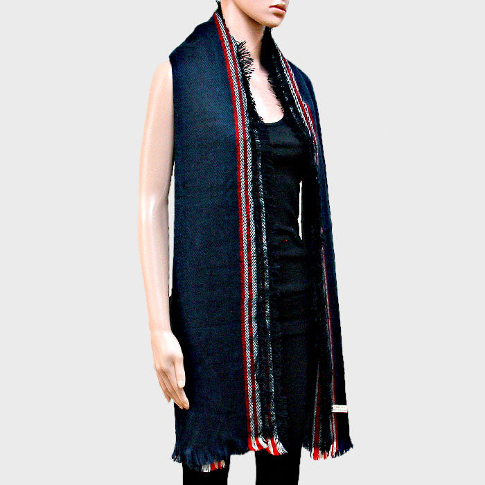 Stripe Accented Scarf with Raw Fringe Trim