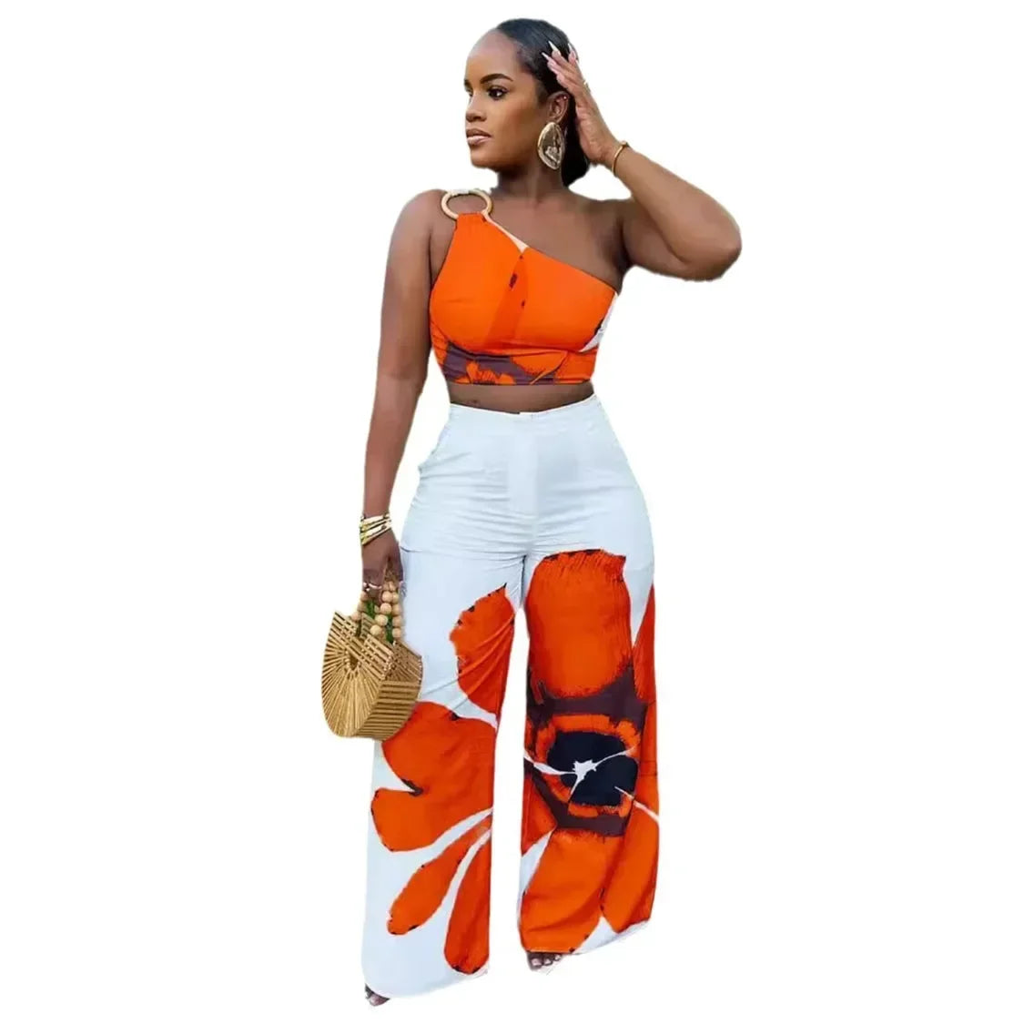 Women Set Floral Print Sleeveless Skew Collar Tops +Wide Leg Pants Two 2 Piece Set Outfit  Summer Street Tracksuit