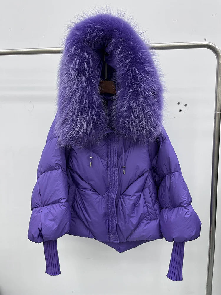 Women Winter Goose Down Jackets Real Fox Fur Collar Hooded Thick Natural Raccoon Fur Female Outwear Warm Loose Puffer Coats