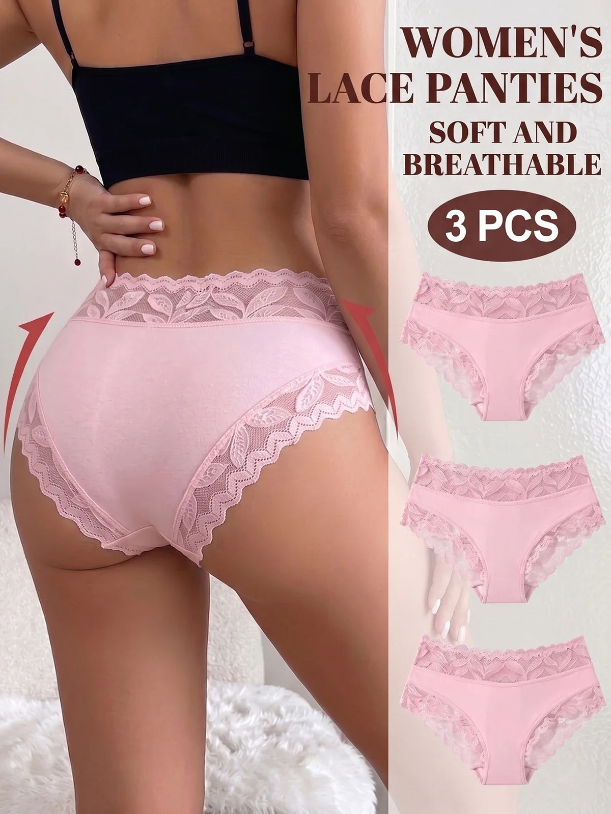 Premium 3-Piece Lace Panties Set – Breathable High-Waist Briefs for Women