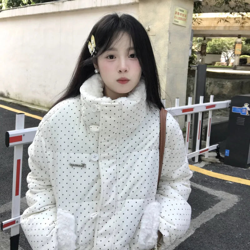 Women's Kawaii Polka Dot Down Cotton Jacket Korean Button Patchwork Corduroy Short Parkas Y2K Stand Collar Puffer Warm Jacket