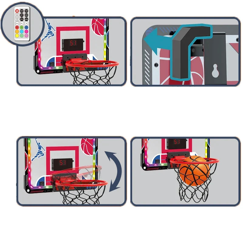 Wall-Mounted Mini Basketball Hoop with LED Board Electric Movable Hoop for Kids’ Indoor Play