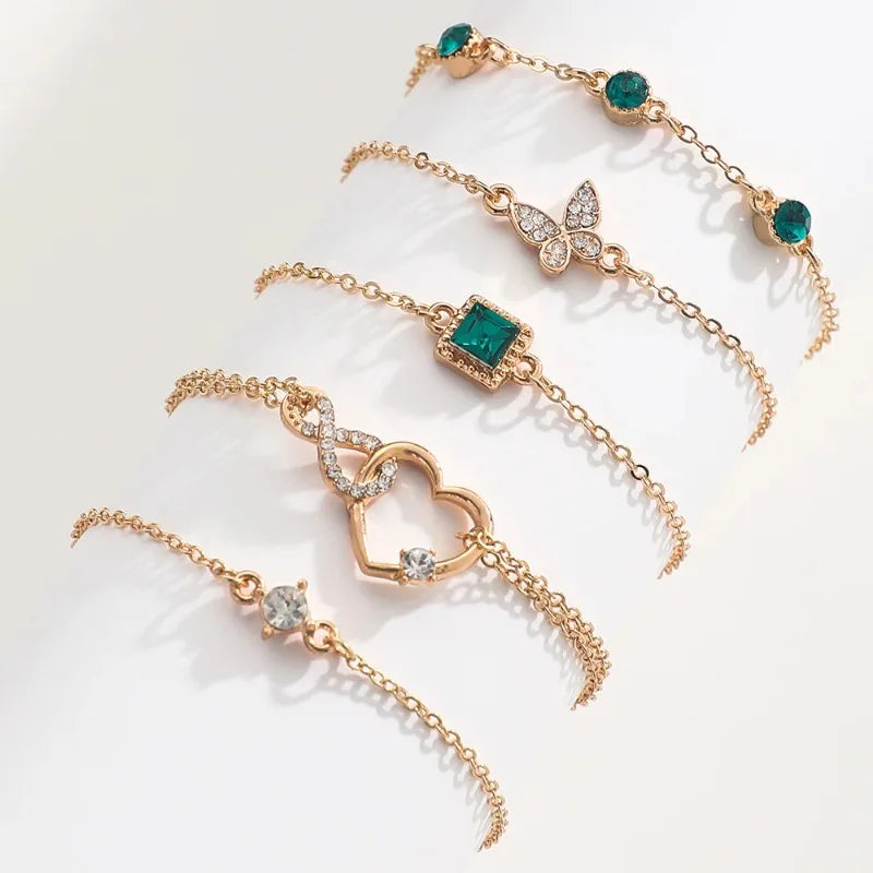 5pcs/set Rhinestone Butterfly Bracelet Set for Women Korean Fashion