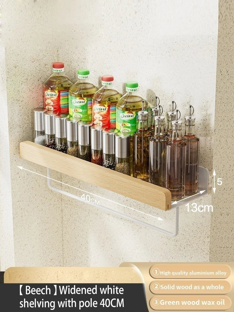 Wood Kitchen Organizer Mounted Spice Rack Kitchen Storage with Hooks for Condiments Kitchen Accessories