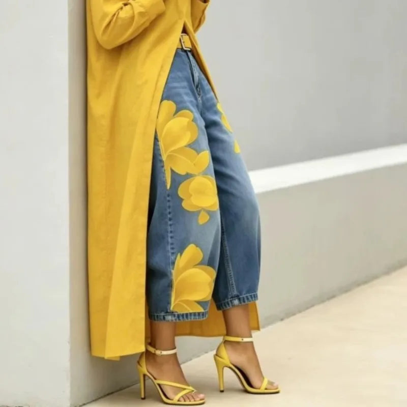 2026 New Fashion Floral Print Wide Leg Jeans Casual Cotton Denim High Waist Nine-Pants Trendy Plus Size Trousers High Street