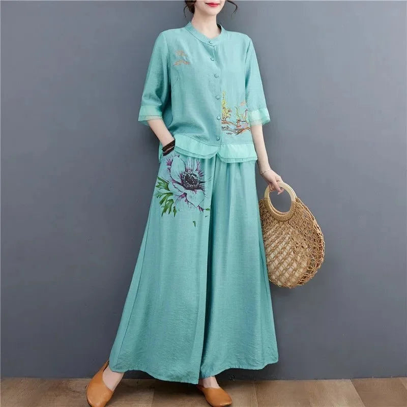 Ethnic style Pant Suit Women's Ramie Upper Garment Summer Cotton Linen Cardigan Embroidery Mother's Loose Two-Piece Set Female