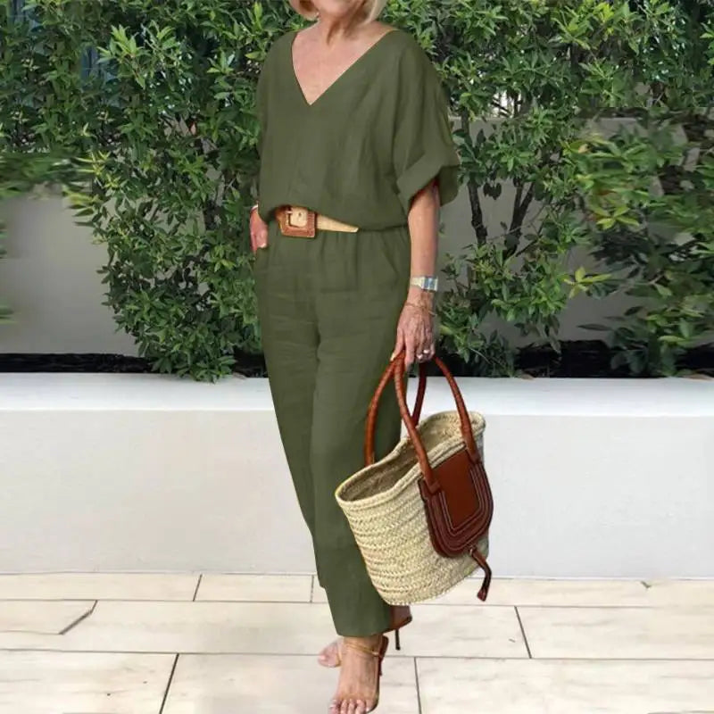 2 piece sets women outfit Women Suits Gray V-neck Short Sleeve Tops Wide Leg Pants Loose 2-piece Set Women Casual Women Clothes