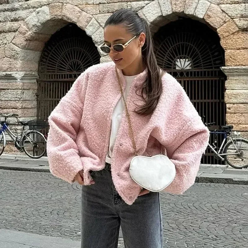 Talenza Women's Pink Short Fur Jacket Autumn Loose Fashion Long Sleeve Jacket Top Casual Stand Collar Pocket Button Warm Jacket