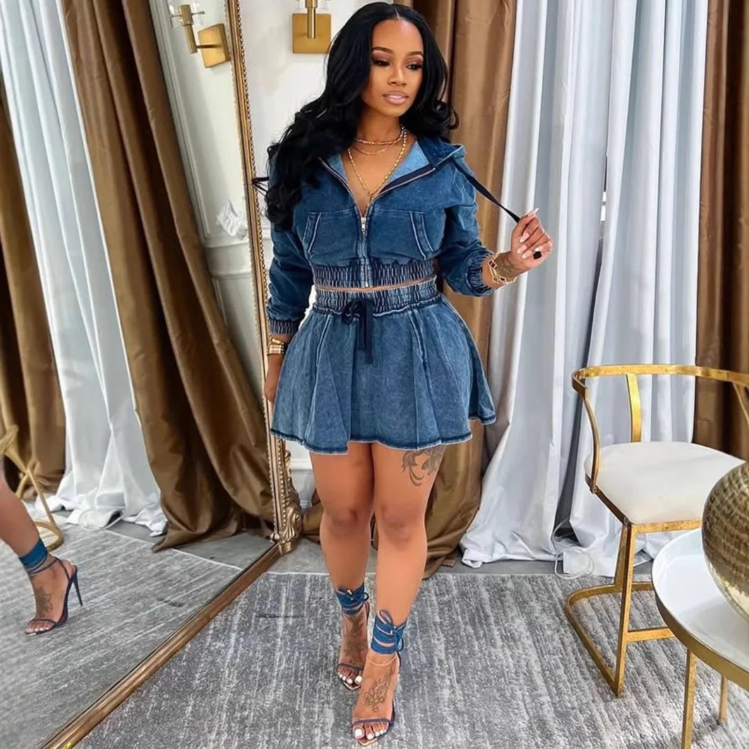 Autumn Women's Clothing Matching Sets Long Sleeve Denim Jacket Short Skirt Polyester Washed Jean 3D Effect Regular Sleeve