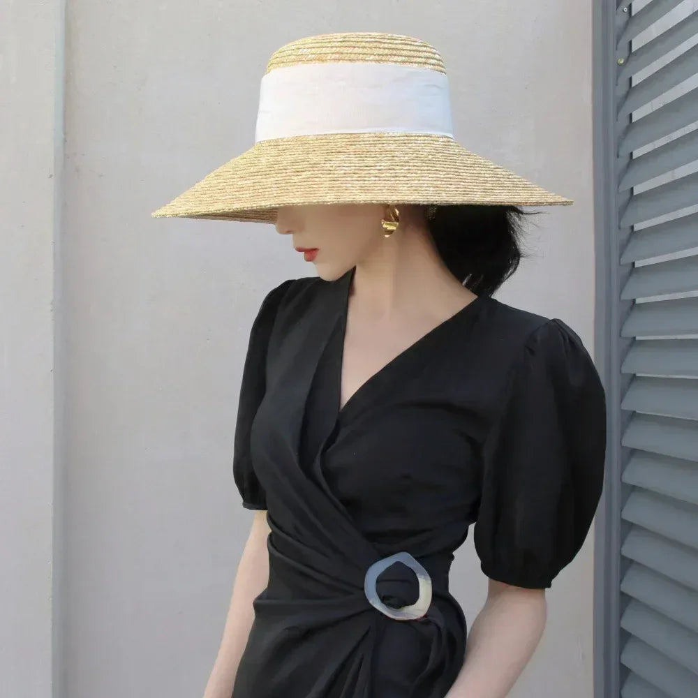 Straw summer hat French elegant ladies seaside travel sun hat Hepburn style wide brim hat  햇빛가리개 모자 모자