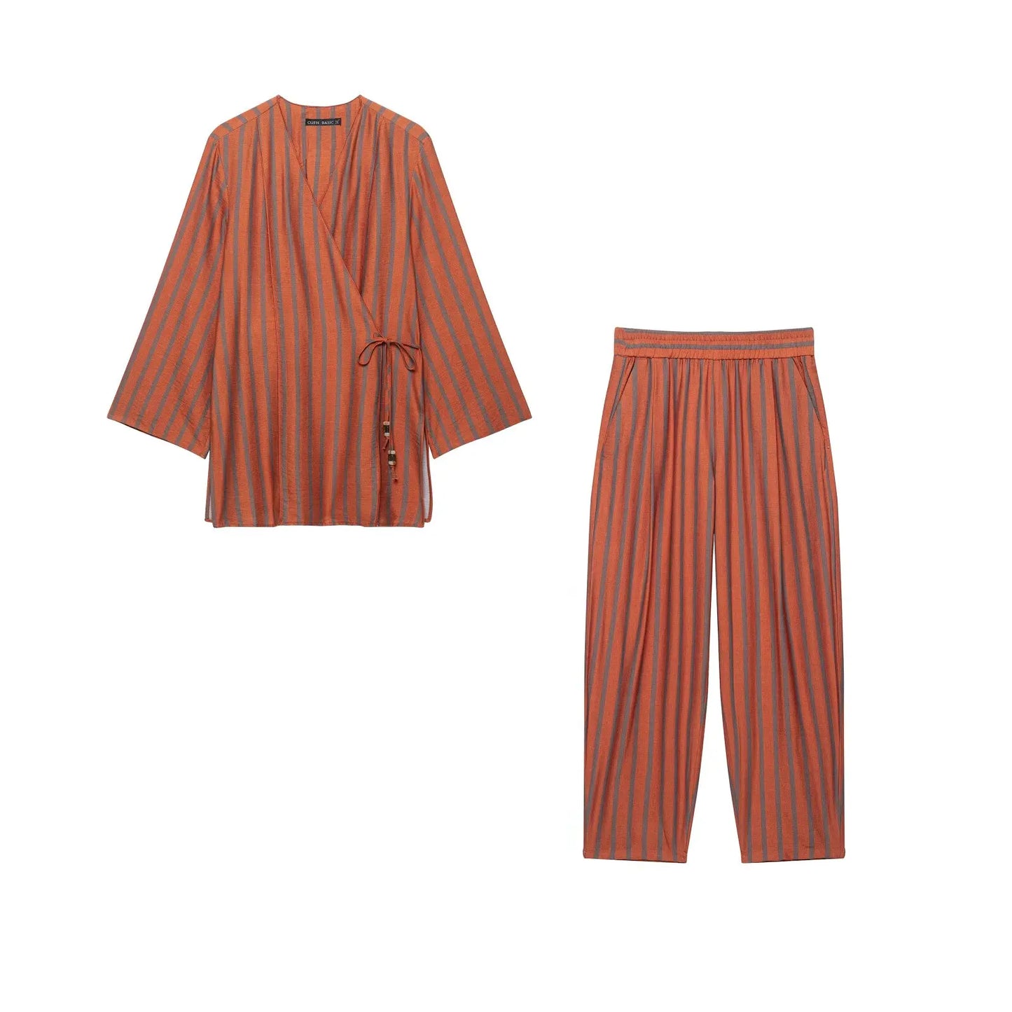 KLKXMYT Women's Vintage Stripe Pants Set Long Sleeve Tied Shirt Tops Suits 2026 Autumn Casual 2 Pieces Set Women ﻿ ﻿