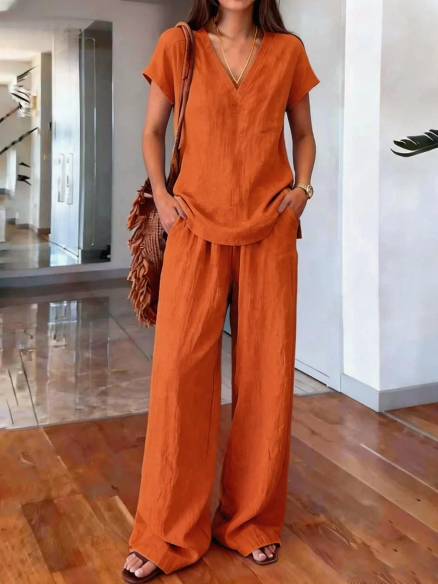 Loose Summer Trousers Set Solid Color Simple Daily Comfortable V-neck Short-sleeved Pullover Top Wide-leg Trousers Two-piece Set