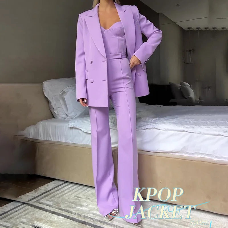 Solid Suit Jacket Corset Pants 3 Piece Set Women Corset Lapel Coat Straight Pants Lady Set 2026 Summer Autumn Commute Outfit New