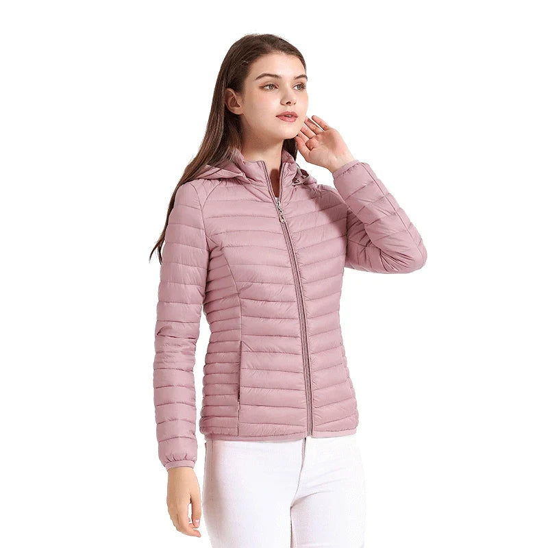 SANTELON Women Fashion Ultralight Padded Puffer Jacket Coat Lady Soild Lightweight Warm Outwear With Detachable Hood Storage Bag
