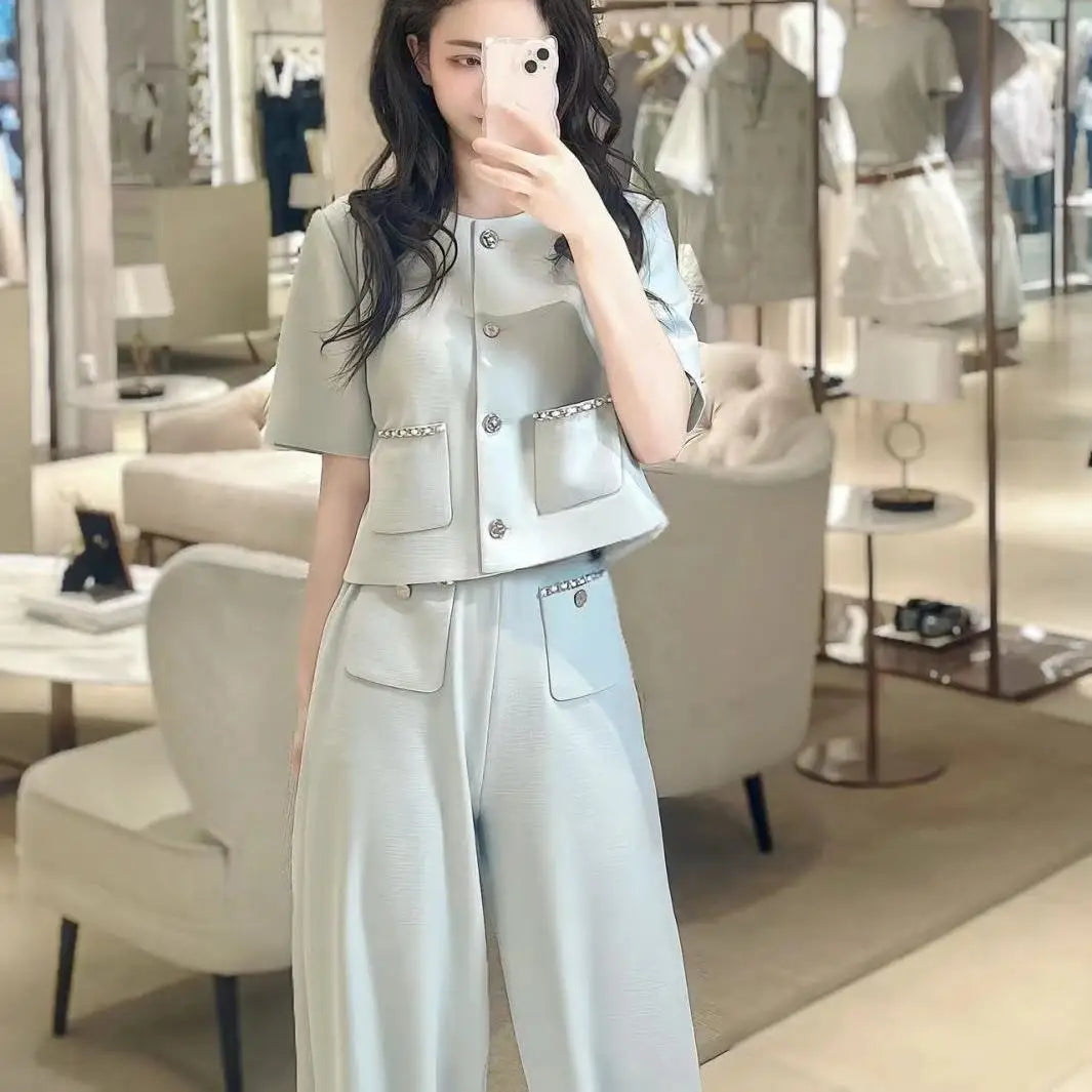 Short-sleeved New Age-reducing Fashion Temperament Top Wide-leg Pants Suit Summer Two-piece Set Conjunto Femenino