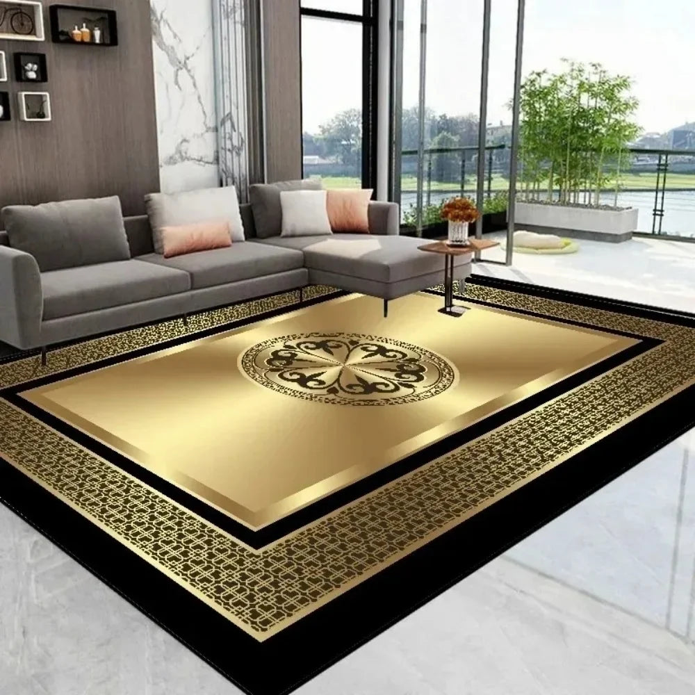 Luxury Golden Black Area Rug Modern Minimalist Home Decor Non Slip Mat for Living Room Bedroom Elegant Classic Design Perfect