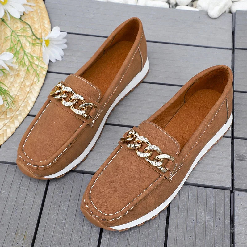 Fashion Metal Chain Soft Sole Flats Shoes Women Spring Autumn Pu Leather Platform Loafers Woman Slip On Non Slip Casual Shoes