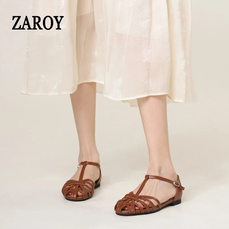 ZAROY Women's Sandals Summer Casual Footwear T-tied Cross Strap Flat Sandals Weave Hollow Roman Sandalia Zapatos сандали