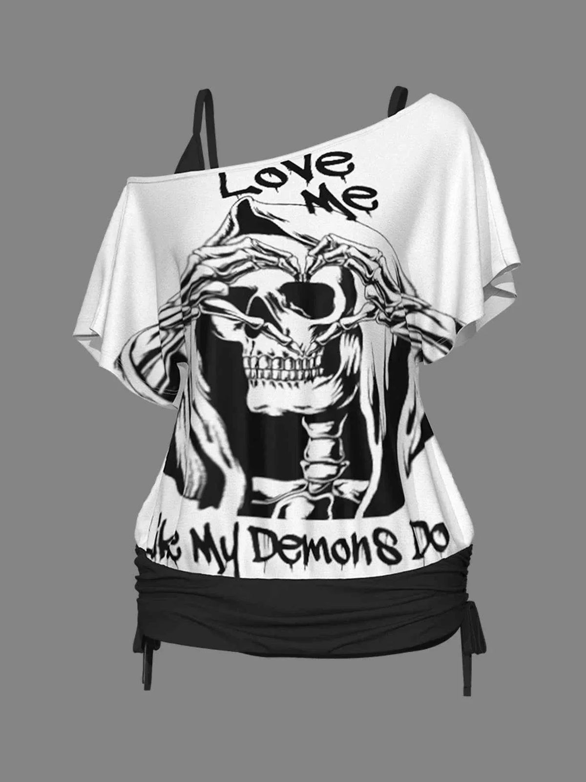 Plus Size Gothic Skull One-Shoulder Short Set Streetwear