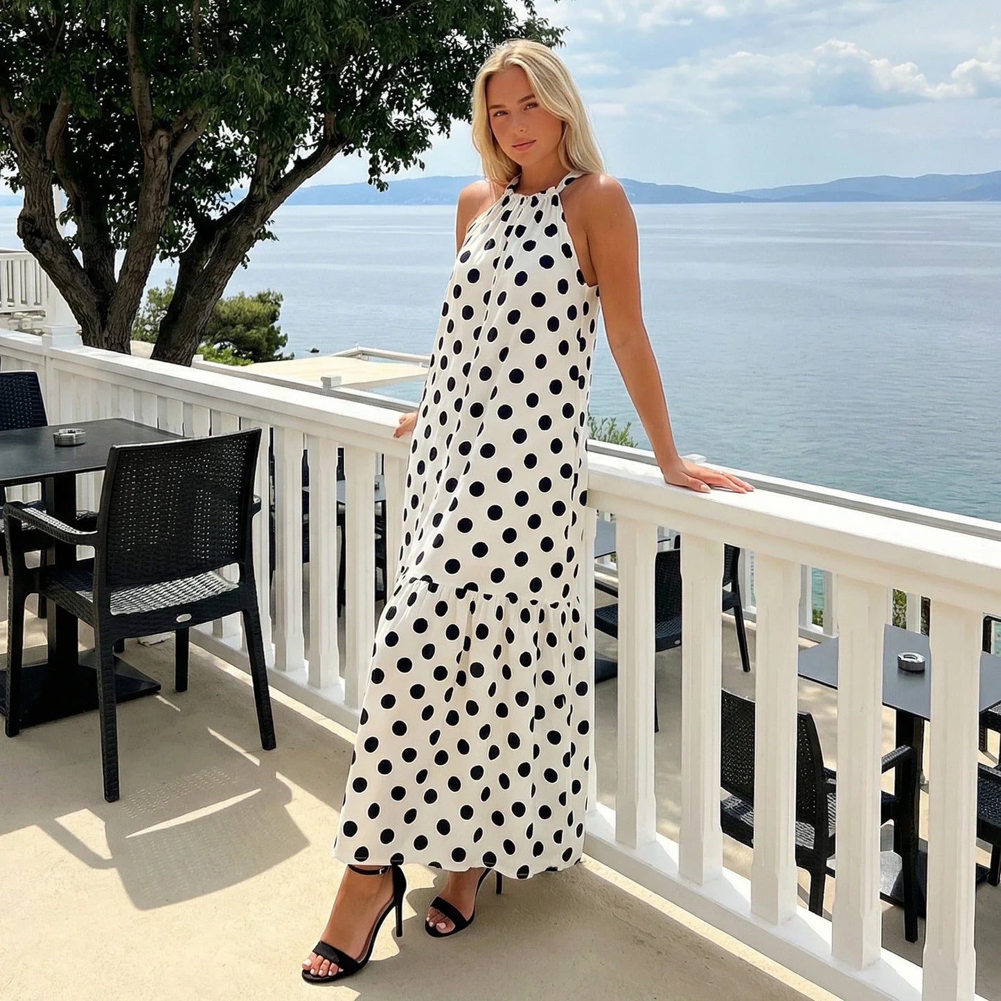 Womens Summer Halter Neck Dress Casual Loose Fit Stylish Dot Print Sleeveless Long Dresses