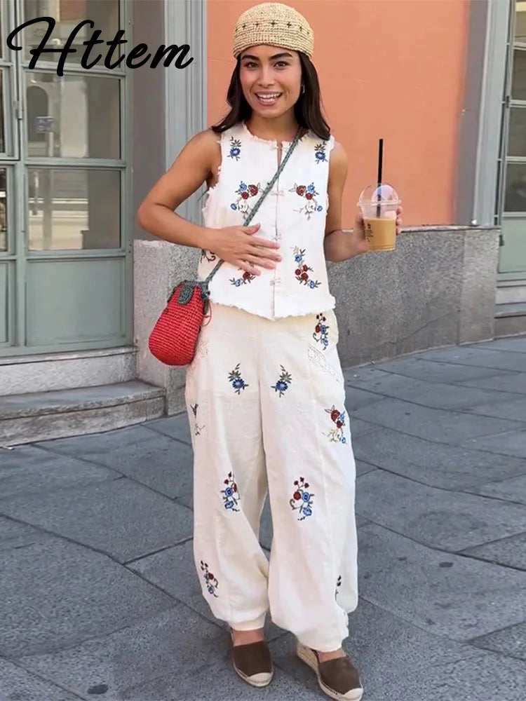 Casual Print Top Pants Women Set Elegant O-neck Sleeveless Button Vest Wide Leg Trousers 2026 Summer Beach Lady Outfit Suit