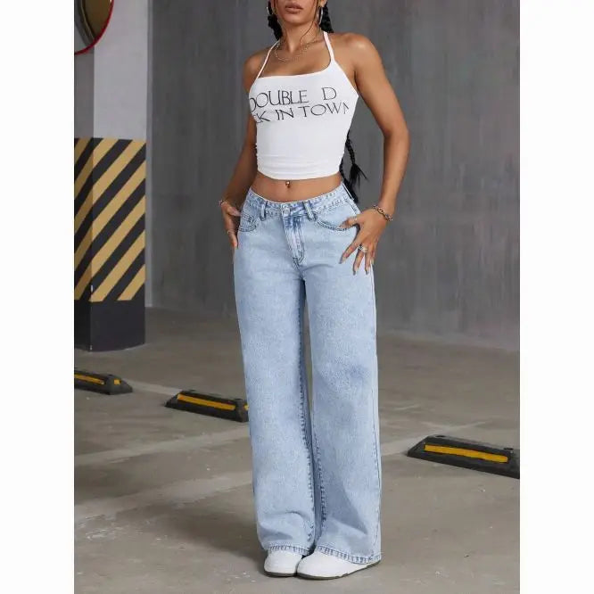 Fashion Solid Color High-Waisted Straight-Leg Jeans Women Loose Pockets Jeans Suitable Daily Casual Jean
