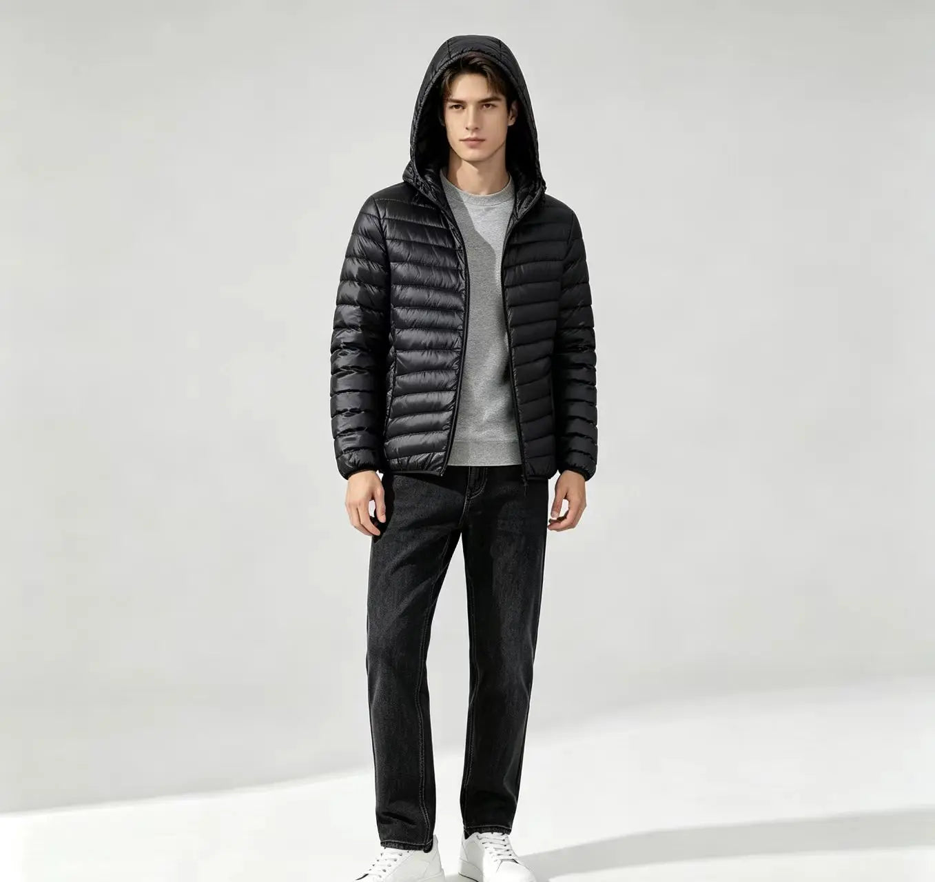 Men Solid Color Hooded Puffer Coat, Winter Lightweight Casual Outdoor Sports Warm Jacket for Male