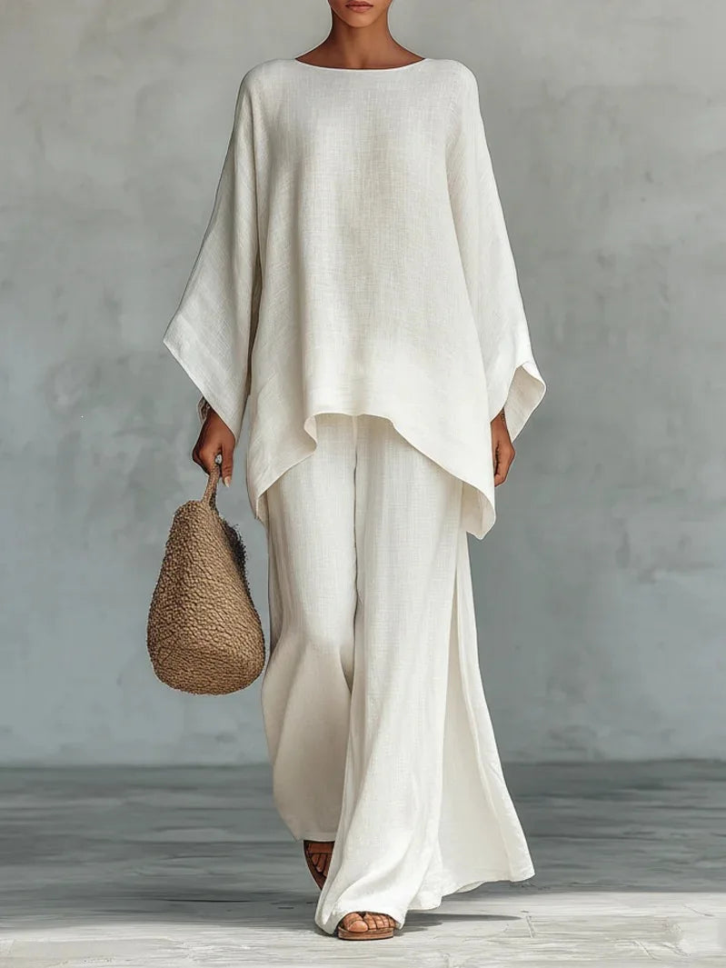 Women's Elegant Loose Round Neck Top Wide Leg Pants Set Casual Simple Long Sleeve Solid Color Two-Piece Set