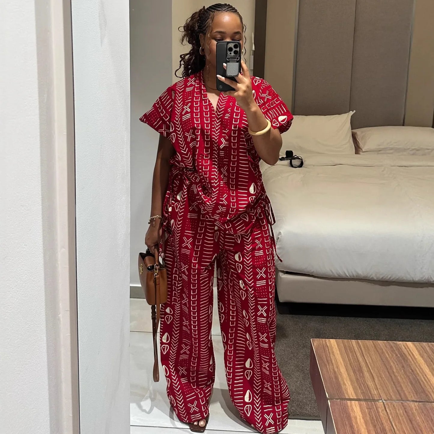 Women Two Pieces Pant Sets Solid Matching Set Pullover V Neck Printing Top High Waist Lace Up Pants Loose Fit Casual 2025 Summer