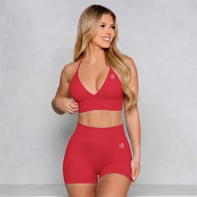 Bum 2PCS Seamless Yoga Set Women Blossom Bra + V-Back Shorts Gym Workout Suits Wear Women Sports Scrunch Butt Set Sportswear