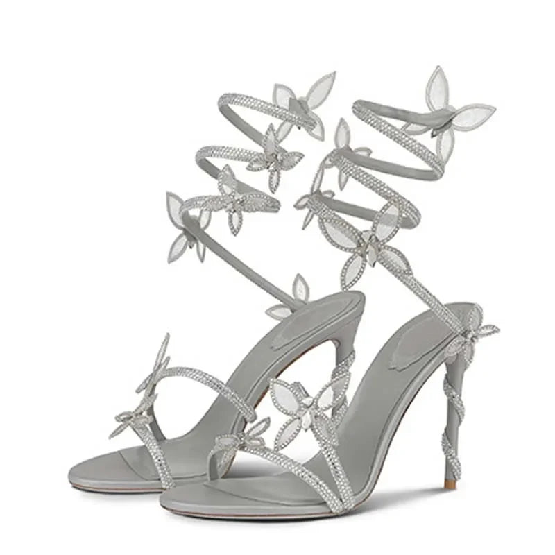 Aneikeh Sexy CRYSTAL Flower Narrow Band Ankle Strap Sandals Woman Thin High Heels Street Style  Pole Dancing Ladies Shoes