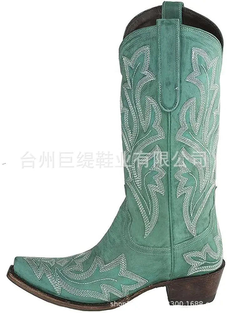 Botas de cowboy bordadas para mujer, hasta la rodilla, a media pantorrilla, botas vaqueras vintage de tacón, zapatos casuales de tacón grueso para otoño
