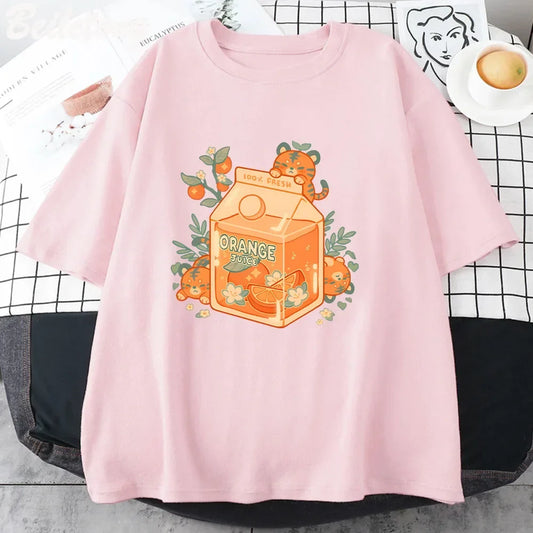 Camiseta de jugo de naranja tigre Kawaii