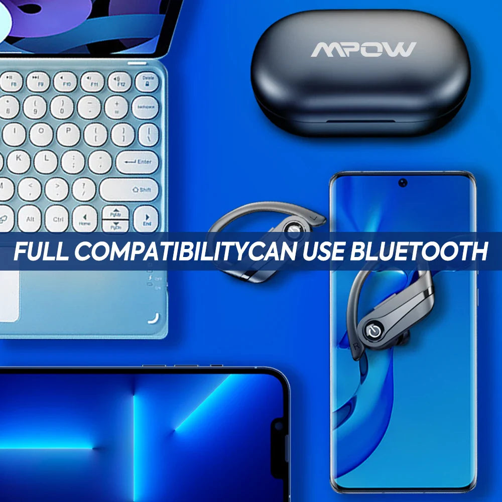 Mpow Q63 Bluetooth 5.3 Wireless Earbuds with Mic IPX7 Waterproof 200H Earphones with Hooks for Sports Running Workout Gym