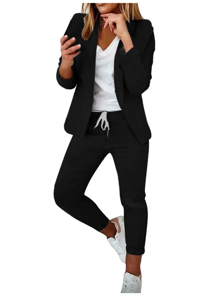 2 Piece Women's Autumn Winter Suit Fashion Slim Fit Lace-up Small Feet Trousers Women's Office Casual Solid Color Suit 2024
