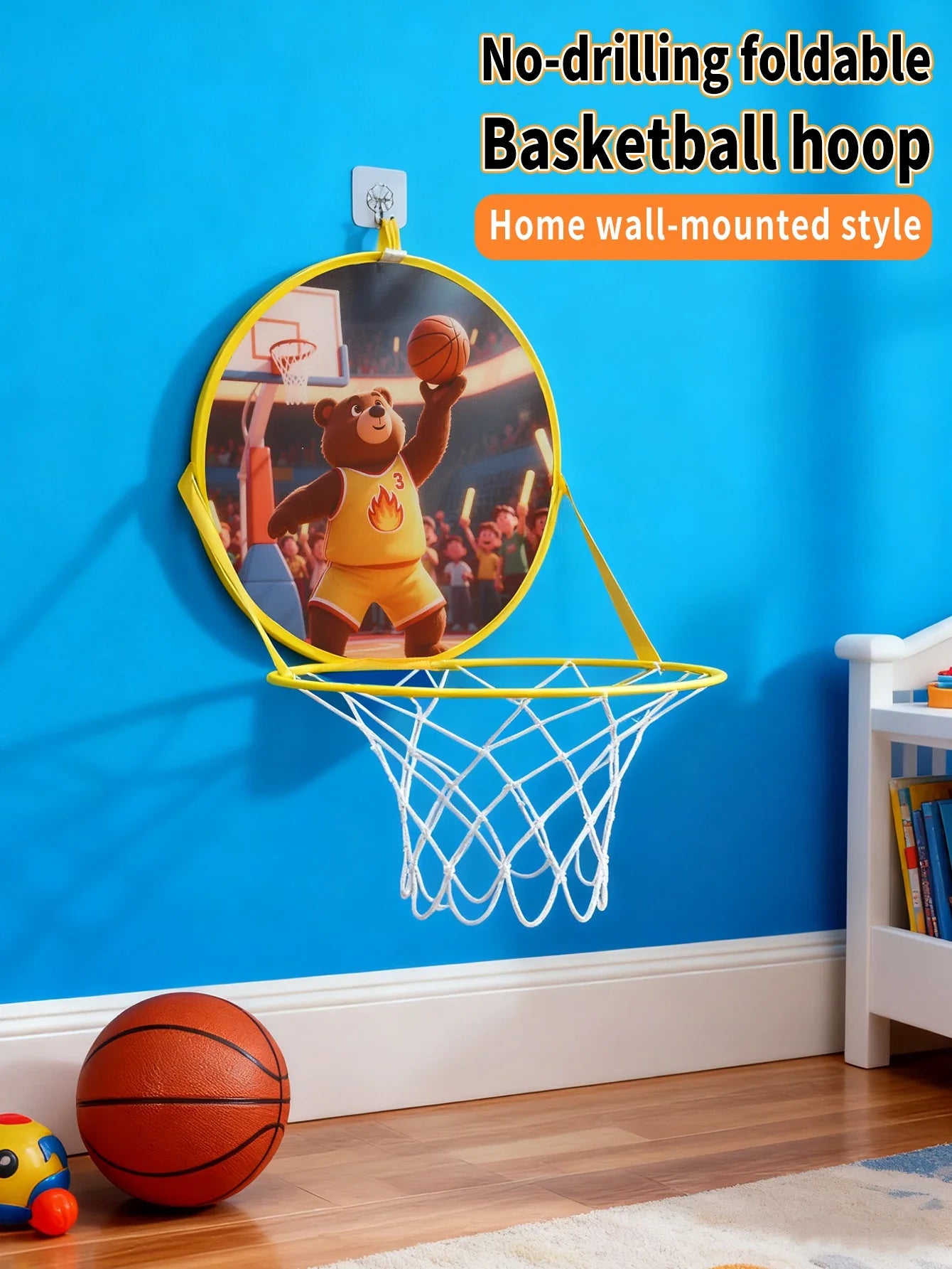 Foldable Basketball Hoop Bear Theme No Drilling 35cm Lightweight Portable Indoor Outdoor Fabric Kids Home Bedroom Yard Play Toy