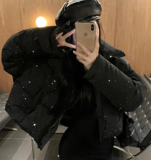 2026 New Winter Clothing Parkas Women's Outwear Short Coats Korean Rhinestone Coat Ladies Thickened Warm Cotton Puffer Jackets